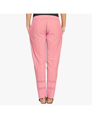 Peach Cotton Slim Fit Embroidered Cigarette Trousers For Women's 3