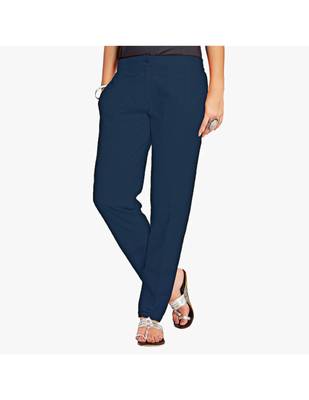 Navy Cotton Slim Fit Embroidered Cigarette Trousers For Women's 1