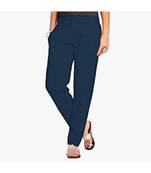 Navy Cotton Slim Fit Embroidered Cigarette Trousers For Women's