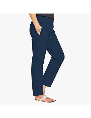 Navy Cotton Slim Fit Embroidered Cigarette Trousers For Women's 2