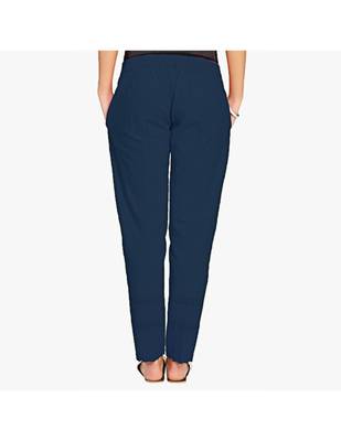 Navy Cotton Slim Fit Embroidered Cigarette Trousers For Women's 3