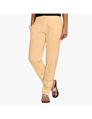 Beige Cotton Slim Fit Embroidered Cigarette Trousers For Women's 1