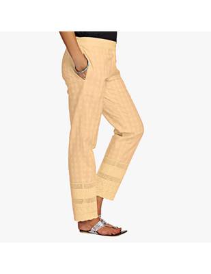 Beige Cotton Slim Fit Embroidered Cigarette Trousers For Women's 2