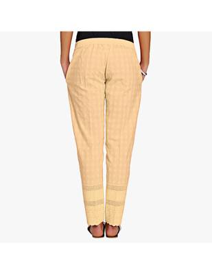 Beige Cotton Slim Fit Embroidered Cigarette Trousers For Women's 3
