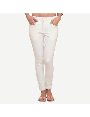 Ivory Cotton Slim Fit Embroidered Cigarette Trousers For Women's 1