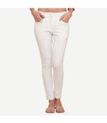 Ivory Cotton Slim Fit Embroidered Cigarette Trousers For Women's