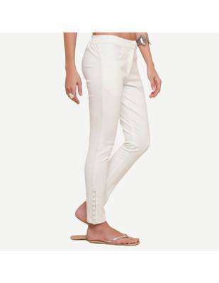 Ivory Cotton Slim Fit Embroidered Cigarette Trousers For Women's 2