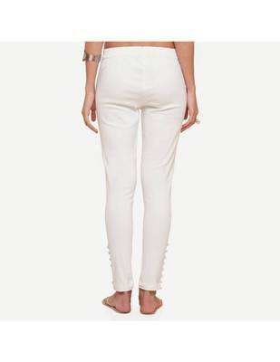 Ivory Cotton Slim Fit Embroidered Cigarette Trousers For Women's 3