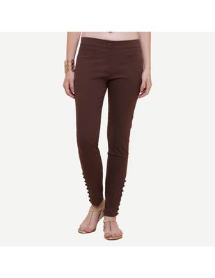 Brown Cotton Slim Fit Embroidered Cigarette Trousers For Women's 1