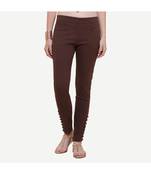 Brown Cotton Slim Fit Embroidered Cigarette Trousers For Women's