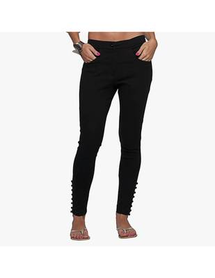 Black Cotton Slim Fit Embroidered Cigarette Trousers For Women's 1