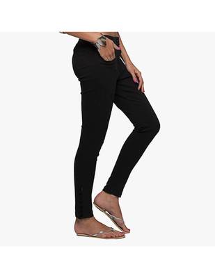 Black Cotton Slim Fit Embroidered Cigarette Trousers For Women's 2