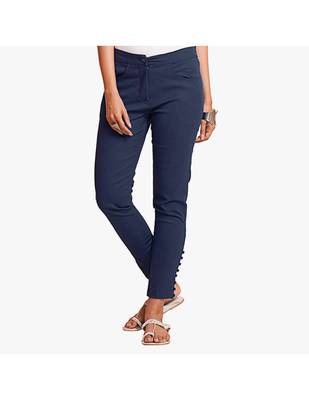 Navy Cotton Slim Fit Embroidered Cigarette Trousers For Women's 1