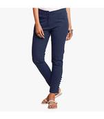 Navy Cotton Slim Fit Embroidered Cigarette Trousers For Women's