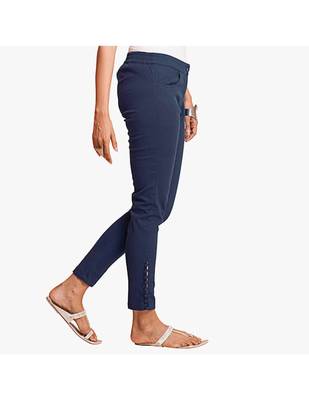 Navy Cotton Slim Fit Embroidered Cigarette Trousers For Women's 2
