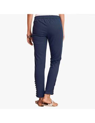 Navy Cotton Slim Fit Embroidered Cigarette Trousers For Women's 3