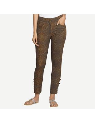 Brown Cotton Slim Fit Embroidered Cigarette Trousers For Women's 1