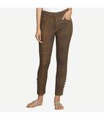 Brown Cotton Slim Fit Embroidered Cigarette Trousers For Women's