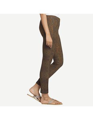 Brown Cotton Slim Fit Embroidered Cigarette Trousers For Women's 3