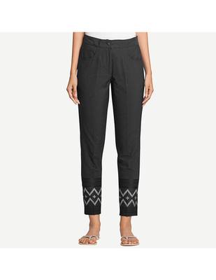 Black Cotton Slim Fit Embroidered Cigarette Trousers For Women's 1