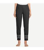 Black Cotton Slim Fit Embroidered Cigarette Trousers For Women's