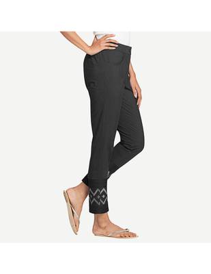 Black Cotton Slim Fit Embroidered Cigarette Trousers For Women's 2