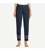 Navy Cotton Slim Fit Embroidered Cigarette Trousers For Women's