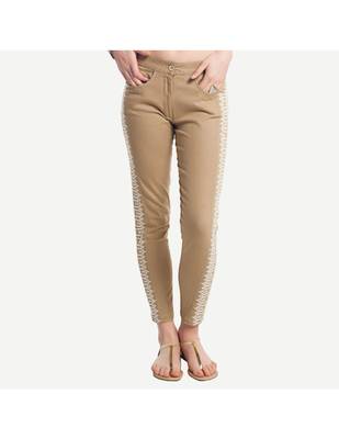 Beige Cotton Slim Fit Embroidered Cigarette Trousers For Women's 1