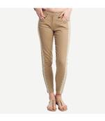 Beige Cotton Slim Fit Embroidered Cigarette Trousers For Women's
