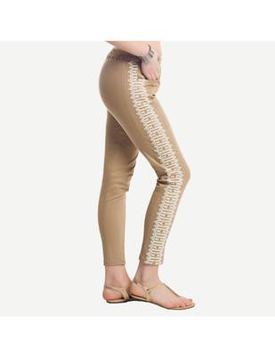 Beige Cotton Slim Fit Embroidered Cigarette Trousers For Women's 2