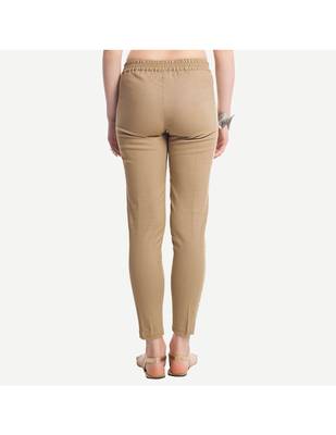 Beige Cotton Slim Fit Embroidered Cigarette Trousers For Women's 3