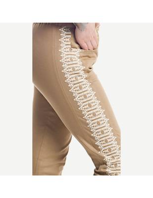 Beige Cotton Slim Fit Embroidered Cigarette Trousers For Women's 4