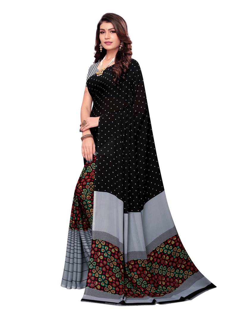 Black Printed Georgette Sarees With Unstitched Blouse