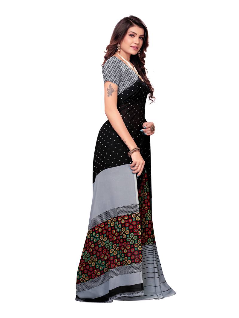 Black Printed Georgette Sarees With Unstitched Blouse
