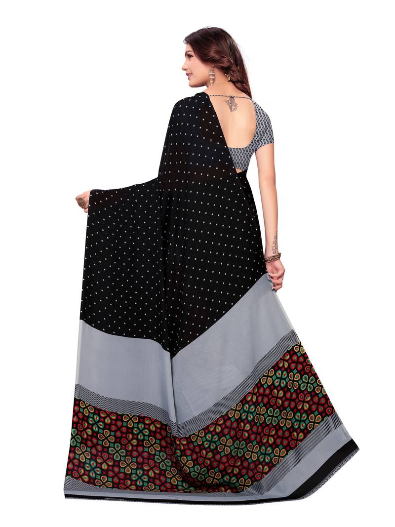 Black Printed Georgette Sarees With Unstitched Blouse