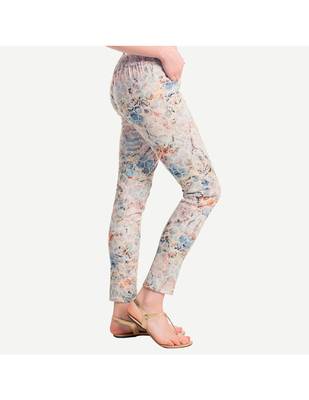 Off White Cotton Slim Fit Embroidered Cigarette Trousers For Women's 2