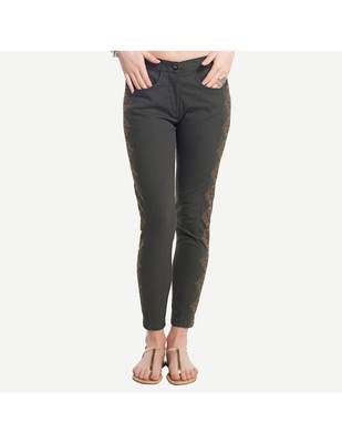 Grey Cotton Slim Fit Embroidered Cigarette Trousers For Women's 1
