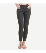 Grey Cotton Slim Fit Embroidered Cigarette Trousers For Women's