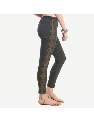 Grey Cotton Slim Fit Embroidered Cigarette Trousers For Women's 2