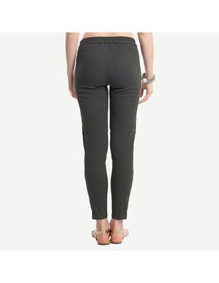 Grey Cotton Slim Fit Embroidered Cigarette Trousers For Women's 3