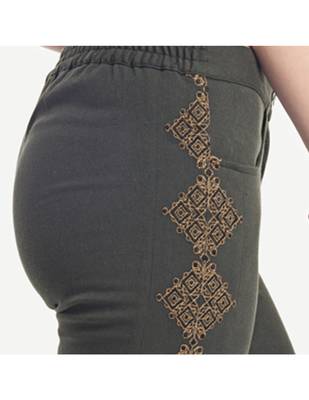 Grey Cotton Slim Fit Embroidered Cigarette Trousers For Women's 4
