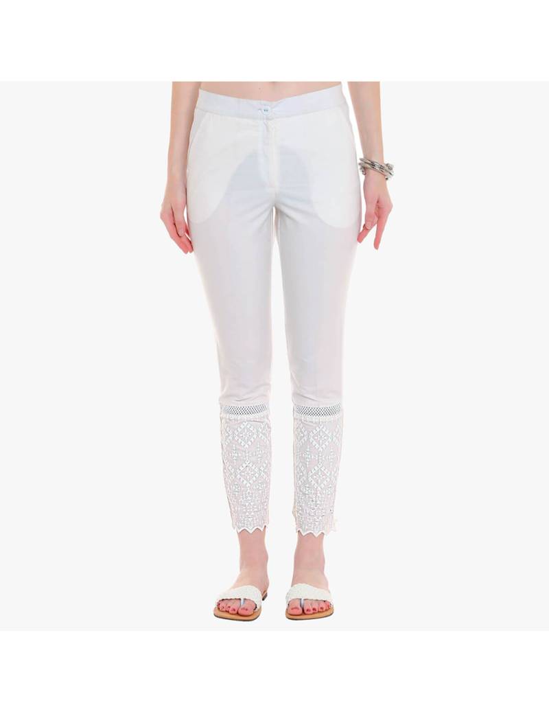 white cotton cigarette pants Off White Cotton Slim Fit Embroidered Cigarette Trousers For Women's -  Naari