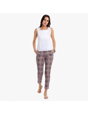 Blue Cotton Slim Fit Embroidered Cigarette Trousers For Women's 2