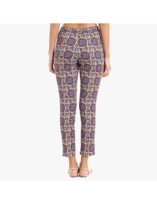 Blue Cotton Slim Fit Embroidered Cigarette Trousers For Women's 3