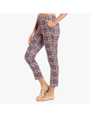 Blue Cotton Slim Fit Embroidered Cigarette Trousers For Women's 4