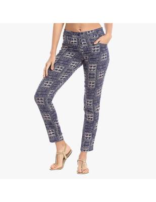 Blue Cotton Slim Fit Embroidered Cigarette Trousers For Women's 1