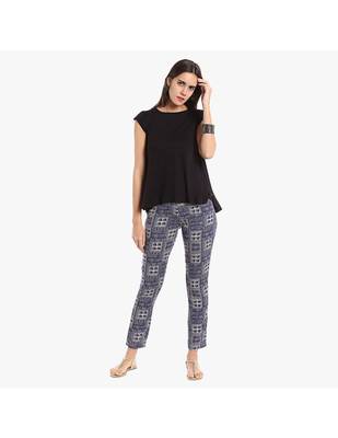 Blue Cotton Slim Fit Embroidered Cigarette Trousers For Women's 2