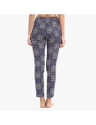 Blue Cotton Slim Fit Embroidered Cigarette Trousers For Women's 3