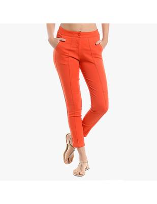 Rust Cotton Slim Fit Embroidered Cigarette Trousers For Women's 1