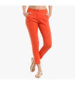 Rust Cotton Slim Fit Embroidered Cigarette Trousers For Women's